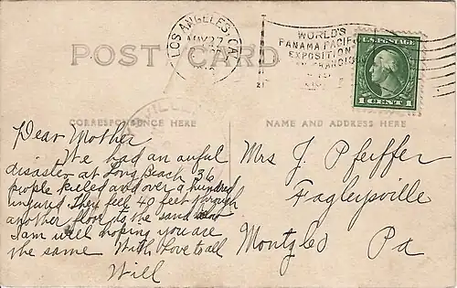 Verso of real photo postcard of the collapsed deck—"they fell 40 feet through another floor to the sand"