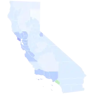 Best Democrat's performance by county in the special primary (blue for Schiff, green for Porter)