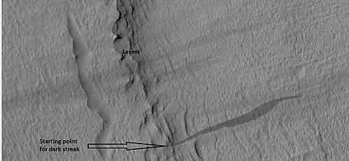 Close-up of some layers under cap rock of a pedestal crater and a dark slope streak, as seen by HiRISE under HiWish program