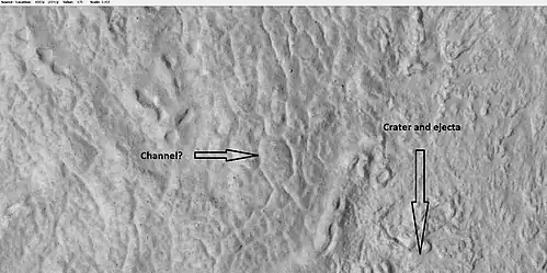 Close-up of surface near ejecta of crater, as seen by HiRISE under HiWish program. Melted ice from ground water may have formed small channel.