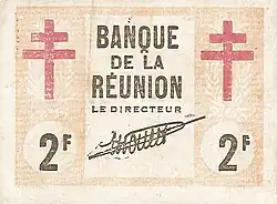 2 franc note issued by the Banque de la Réunion, 1943