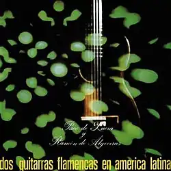 Black background with green spots with faint flamenco guitar in center