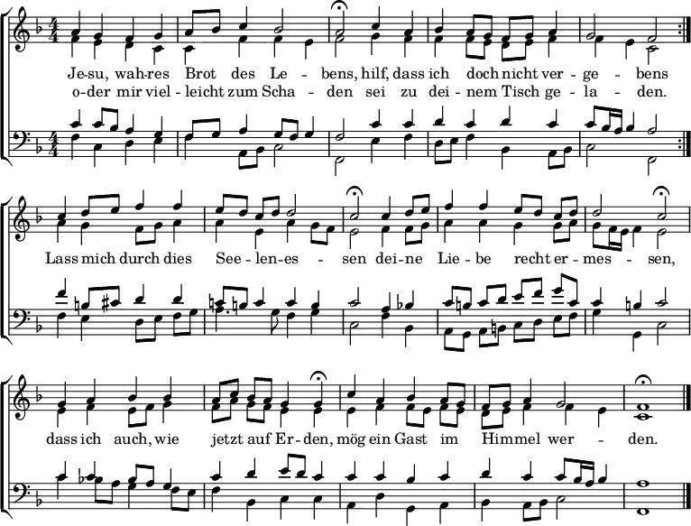 \header { tagline = " " }
\layout { indent = 0 \context { \Score \remove "Bar_number_engraver" } }
global = { \transposition b \key f \major \numericTimeSignature \time 4/4 \set Score.tempoHideNote = ##t \set Timing.beamExceptions = #'() }
\score {
\new ChoirStaff <<
\new Staff
<<
\new Voice = "soprano" { \voiceOne
\relative c'' { \global
\repeat volta 2 { a4 g f g | a8 bes c4 bes2 |
a\fermata c4 a | bes a8 g f g a4 |
g2 f2 } | c'4 d8 e f4 f |
e8 d c d d2 | c2\fermata c4 d8 e |
f4 f e8 d c d | d2 c2\fermata |
g4 a bes bes | a8 c bes a g4 g\fermata |
c a bes a8 g | f8 g a4 g2 |
f1\fermata \bar "|."
}
}
\new Voice = "alto" { \voiceTwo
\relative c' { \global
f4 e d c | c f f e |
f2 g4 f | f f8 e d e f4 |
f e c2 | a'4 g f8 g a4 |
a e a g8 f | e2 f4 f8 g |
a4 a g g8 a | g8 f16 e f4 e2 |
e4 f e8 f g4 | f8 a g f e4 e |
e f f8 e f e | d e f4 f e |
c1
}
}
>>
\new Lyrics \lyricsto "soprano" {
<<
{ Je -- su, wah -- res Brot _ des Le -- bens,
hilf, dass ich doch _ nicht _ ver -- ge -- bens }
\new Lyrics { \set associatedVoice = "soprano" {
o -- der mir viel -- leicht _ zum Scha -- den
sei zu dei -- nem _ Tisch _ ge -- la -- den. }
}
>>
Lass mich _ durch dies See -- _ len -- _ es -- sen
dei -- ne _ Lie -- be recht _ er -- _ mes -- sen,
dass ich auch, wie jetzt _ auf _ Er -- den,
mög ein Gast im _ Him -- _ mel wer -- den.
}
\new Staff
<<
\clef bass
\new Voice = "tenor" { \voiceOne
\relative c' { \global
c4 c8 bes a4 g | f8 g a4 g8 f g4 |
f2 c'4 c | d c d c |
c8 bes16 a bes4 a2 | f'4 b,8 cis d4 d |
c!8 b c4 c b | c2 a4 bes! |
c8 b c d e f g c, | c4 b c2 |
c4 c bes8 a g4 | c d e8 d c4 |
c c bes c | d c c8 bes16 a bes4 |
a1
}
}
\new Voice = "bass" { \voiceTwo
\relative c { \global
f4 c d e | f a,8 bes c2 |
f, e'4 f | d8 e f4 bes, a8 bes |
c2 f, | f'4 e d8 e f g |
a4. g8 f4 g | c,2 f4 bes, |
a8 g a b c d e f | g4 g, c2 |
c'4 bes!8 a g4 f8 e | f4 bes, c c |
a d g, a | bes a8 bes c2 |
f,1
}
}
>>
>>
\layout { }
}
\score {
\new ChoirStaff <<
\new Staff \with { midiInstrument = "choir aahs" }
<<
\new Voice = "soprano" { \voiceOne
\relative c'' { \global
\tempo 4=84 a4 g8 r8 f4 g | \tempo4=90 a8 bes c4 bes2 |
\tempo 4=64 a4. r8 \tempo 4=90 c4 a | bes a8 g f g a4 |
g2 \tempo 4=64 f4. r8 |
\tempo 4=90 a4 g f g | a8 bes c4 bes2 |
\tempo 4=64 a4. r8 \tempo 4=90 c4 a | bes a8 g f g a4 |
g2 \tempo 4=56 f4. r8 |
\tempo 4=90 c'4 d8 e f4 f |
e8 d c d d2 | \tempo 4=70 c4. r8 \tempo 4=90 c4 d8 e |
f4 f e8 d c d | d2 \tempo 4=56 c4. r8 |
\tempo 4=90 g4 a bes8 \tempo 4=84 r8 \tempo 4=90 bes4 | a8 c bes a g4 \tempo 4=40 g8 r |
\tempo 4=84 c4 a bes a8 g | f8 g a4 \tempo 4=60 g2 |
\tempo 4=72 f1 | r4
}
}
\new Voice = "alto" { \voiceTwo
\relative c' { \global
f4 e8 r8 d4 c | c f f e |
f4. r8 g4 f | f f8 e d e f4 |
f e c4. r8 |
f4 e d c | c f f e |
f4. r8 g4 f | f f8 e d e f4 |
f e c4. r8 |
a'4 g f8 g a4 |
a e a g8 f | e4. r8 f4 f8 g |
a4 a g g8 a | g8 f16 e f4 e4. r8 |
e4 f e8 f16 r16 g4 | f8 a g f e4 e8 r |
e4 f f8 e f e | d e f4 f \tempo 4=40 e |
c1 | r4
}
}
>>
\new Staff \with { midiInstrument = "choir aahs" }
<<
\clef bass
\new Voice = "tenor" { \voiceOne
\relative c' { \global
c4 c8 bes16 r16 a4 g | f8 g a4 g8 f g4 |
f4. r8 c'4 c | d c d c |
c8 bes16 a bes4 a4. r8 |
c4 c8 bes a4 g | f8 g a4 g8 f g4 |
f4. r8 c'4 c | d c d c |
c8 bes16 a bes4 a4. r8 |
f'4 b,8 cis d4 d |
c!8 b c4 c b | c4. r8 a4 bes! |
c8 b c d e f g c, | c4 b c4. r8 |
c4 c bes8 a16 r16 g4 | c d e8 d c8 r |
c4 c bes c | d c c8 bes16 a bes4 |
a1 | r4
}
}
\new Voice = "bass" { \voiceTwo
\relative c { \global
f4 c8 r8 d4 e | f a,8 bes c2 |
f,4. r8 e'4 f | d8 e f4 bes, a8 bes |
c2 f,4. r8 |
f'4 c d e | f a,8 bes c2 |
f,4. r8 e'4 f | d8 e f4 bes, a8 bes |
c2 f,4. r8 |
f'4 e d8 e f g |
a4. g8 f4 g | c,4. r8 f4 bes, |
a8 g a b c d e f | g4 g, c4. r8 |
c'4 bes!8 a g8 r f e | f4 bes, c c8 r |
a4 d g, a | bes a8 bes c2 |
f,1 | r4
}
}
>>
>>
\midi { }
}