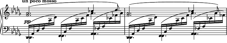 
\language "english"
\midi { \tempo 4.=50 }
\new PianoStaff <<
  \omit Score.TimeSignature
  \new Staff = "top" \fixed c' {
    \key df \major
    \voiceOne
    <f af>2.( \voices "",2 << { cf'4 df'8) } \\ af4. >> |
    <f af>2.( \voices "",2 << { cf'4 af8) } \\ af4. >> |
  }
  \new Dynamics { \time 9/8 \tempo "un poco mosso" s8\pp }
  \new Staff = "bottom" {
    \clef bass
    \key df \major
    <<
      {
        df,16( af, df f \change Staff = "top" \voiceTwo af df') \change Staff = "bottom" \voiceOne
        f,( c f \change Staff = "top" \voiceTwo af c' f') \change Staff = "bottom" \voiceOne
        af,( ff af \change Staff = "top" \voiceTwo cf' ff' af') \change Staff = "bottom" \voiceOne |
        df,16( af, df f \change Staff = "top" \voiceTwo af df') \change Staff = "bottom" \voiceOne
        f,( c f \change Staff = "top" \voiceTwo af c' f') \change Staff = "bottom" \voiceOne
        af,( ff af \change Staff = "top" \voiceTwo cf' af' ff') \change Staff = "bottom" \voiceOne |
      }
      \\
      { df,4. f, af, | df, f, af, | }
    >>
  }
>>
