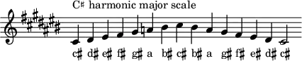 
\header { tagline = ##f }
scale = \relative b { \key cis \major \omit Score.TimeSignature
  cis^"C♯ harmonic major scale" dis eis fis gis a bis cis bis a gis fis eis dis cis2 }
\score { { << \cadenzaOn \scale \context NoteNames \scale >> } \layout { } \midi { } }
