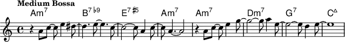 
\version "2.22.0"

\header {
  tagline = ""
}

global = {
  \time 4/4
  \key a \minor
  \set Score.tempoHideNote = ##t
  \tempo "Medium Bossa" 4=148
}

chordNames = \transpose c c, \chordmode {
  \global
  a1:m7 |
  b1:7.9- |
  e1:7.5+ |
  a1:m7	 |
  a1:m7 |
  d1:m7 |
  g1:7
  c1:maj7 |
}

melody = \relative c'' {
  \global
  r4 a8 c~ c e4 dis8~ |
  dis4. e8~ e4. c8~ |
  c2~ c8 a4 c8~ |
  c8 a4.~ a2 |
  r4 a8 c~ c e4 g8~ |
  g2~ g8 a4 e8~ |
  e2~ e8 d4 e8~ |
  e1 |
}

\score {
  <<
    \new ChordNames \chordNames
    \new Staff { \melody }
  >>
  \layout { }
  \midi { }
}
