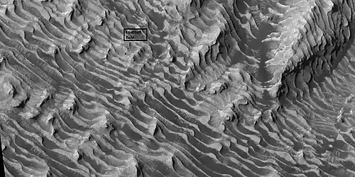 Enlargement of previous image, as seen by HiRISE. The box represents the size of a football field.