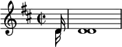 
\relative c' {
  \key d \major
  \time 2/2 <<
  \new Voice = "first"
    { \voiceOne \partial 16 d16 d1}
  \new Voice= "second"
    { \voiceTwo \partial 16 d16 d1}
>>
}
