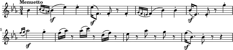 \relative a {
\key ees \major
\time 3/4
\tempo "Menuetto"
\tempo 4 = 145
\partial 4
bes'4
\acciaccatura { c16 bes a }bes4\sf
(ees) ees\staccato
ees16\sf (f,8.) f8\staccato r f4\staccato
\acciaccatura { g16 f e } f4 (bes) bes\staccato
bes16\sf (ees,8.) ees8\staccato r8 g'4\staccato
\acciaccatura { f16 g } aes2\sf g4\staccato
f16 (aes) r8 aes16 (c) r8 d,16 (f) r8
ees8 r aes r g r
f16\sf (bes,8.) bes8\staccato r r4
}