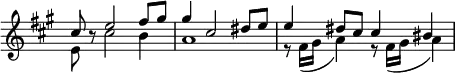 \relative c'
\new Staff \with { \remove "Time_signature_engraver" } {
\key fis \minor \time 4/4
<<
{
\voiceOne
cis'8 b8\rest e2 fis8 gis gis4 cis,2 dis8 e e4 dis8 cis cis4 bis4
}
\new Voice
{
\voiceTwo
e,8 s8 cis'2 b4 a1 r8 fis16( gis a4) r8 fis16( gis a4)
}
>>
}