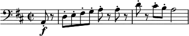 \relative c { \clef bass \key d \major \time 2/2 \partial 4*1 a8\f-. r | d-. e-. fis-. g-. a-. r a-. r | d-. r cis-. b-. a2 }