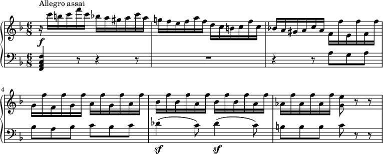 \header { tagline = ##f }
upper= \relative c' {
\clef treble
\key f \major
\time 6/8
\set Staff.midiInstrument = #"piano"
r16\f^\markup { Allegro assai} c''16 b c f c bes a gis a c a
g! f e f a f d c b c f c
bes! a gis a c a f f' e, f' f, f'
g, f' f, f' g, f' a, f' g, f' a, f'
bes, f' bes, f' a, f' bes, f' bes, f' a, f'
aes, f' aes, f' aes, f' <g, e'>8 r8 r8
}
lower=\relative c { \set Staff.midiMaximumVolume = #0.7
\clef bass
\key f \major
\numericTimeSignature
\time 6/8
<f, a c f>4 r8 r4 r8
R2.
r4 r8 a'8 g a
bes a bes c bes c
des4\sf (c8) des4\sf (c8)
b8 b b c r8 r8
}
\score {
\new PianoStaff
<<
\new Staff = "upper" \upper
\new Staff = "lower" \lower
>>
\layout { indent = 0 }
\midi { \tempo 4 = 132 } }