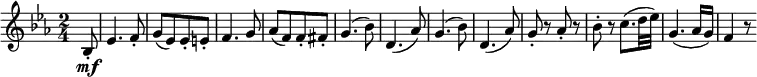  { \relative bes { \key es \major \time 2/4
\partial 8 bes8-. \mf | es4. f8-. | g8([ es) es-. e-.] | f4. g8 | as8([ f) f-. fis-.] |
g4.( bes8) | d,4.( as'8) | g4.( bes8) | d,4.( as'8) | g8-. r as-. r | bes8-. r c8.( d32 es) |
g,4.( as16 g) | f4 r8}} 