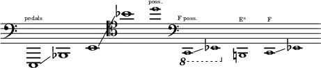 
  \layout { ragged-right = ##t \context { \Score \omit BarNumber } }
  {
    \new Staff \with { \remove "Time_signature_engraver" }
    \clef bass \key c \major \cadenzaOn

    e,,1                        ^ \finger \markup \text "pedals"
    \glissando
    bes,,1

    e,1
    \glissando
    \clef tenor  bes'1

    \tweak font-size #-2  d''1  ^ \finger \markup \text "poss."

    \clef bass
    \ottava #-1
    \tweak font-size #-2  c,,1  ^ \finger \markup \text "F poss."
    \glissando
    \tweak font-size #-2 ees,,1
    \ottava #0

    \tweak font-size #-2  b,,1  ^ \finger \markup \text "E*"

    \tweak font-size #-2  c,1   ^ \finger \markup \text "F"
    \glissando
    \tweak font-size #-2  ees,1
  }
  