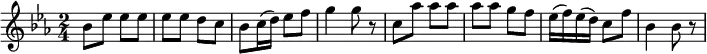 \relative a' {
\key ees \major
\time 2/4
\tempo ""
\tempo 4 = 110
bes8 ees ees ees
ees ees d c
bes c16 (d) ees8 f
g4 g8 r8
c,8 aes' aes aes
aes aes g f
ees16 (f) ees (d) c8 f
bes,4 bes8 r
}