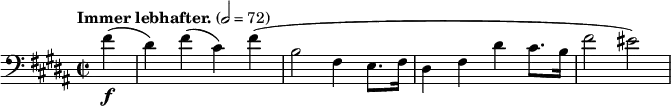  \new Staff \relative c' {
  \clef bass \time 2/2 \key b \major \tempo "Immer lebhafter." 2=72 \partial 4 \set Staff.midiInstrument = #"string ensemble 1"
  fis4-\f(dis) fis(cis) fis(b,2 fis4 e8. fis16 dis4 fis dis' cis8. b16 fis'2 eis)
} 