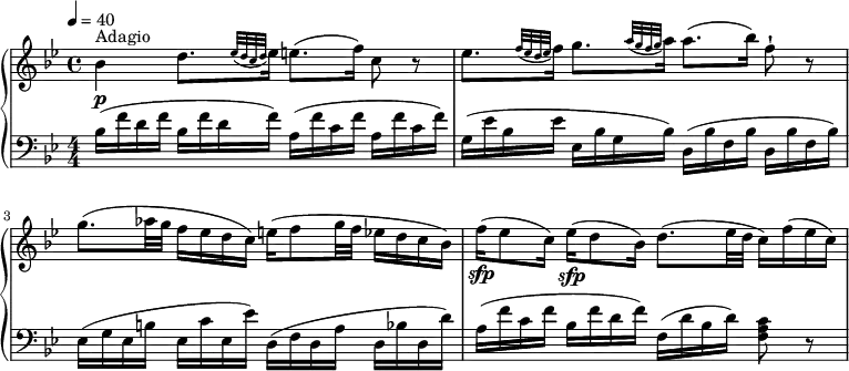 
\header { tagline = ##f }
upper= \relative c' {
  \clef treble
  \key bes \major
  \time 4/4
  \tempo 4 = 40
  \set Staff.midiInstrument = #"piano"
     bes'4\p^\markup { Adagio } d8. [ \grace { ees32 (d c d } ees16]) e8. (f16) c8 r8
    ees8.[ \grace { f32 (ees d ees } f16]) g8. [ \grace { a32 (g f g } a16]) a8. (bes16) f8-! r8
    g8. (aes32 g f16 ees d c) e16 (f8 g32 f ees16 d c bes)
    f'16\sfp (ees8 c16) ees16\sfp (d8 bes16) d8. (ees32 d c16) f (ees c)
  }
lower=\relative c { \set Staff.midiMaximumVolume = #0.7
    \clef bass
    \key bes \major
    \numericTimeSignature
    \time 4/4
     bes'16 (f' d f bes, f' d f) a, (f' c f a, f' c f)
    g,16 (ees' bes ees ees, bes' g bes) d, (bes' f bes d, bes' f bes)
    ees,16 (g ees b' ees, c' ees, ees') d, (f d a' d, bes'! d, d')
    a16 (f' c f bes, f' d f) f, (d' bes d) <f, a c>8 r8
  }
\score {
       \new PianoStaff
       <<
         \new Staff = "upper" \upper
         \new Staff = "lower" \lower
       >>
\layout { indent = 0 }
\midi { } }
