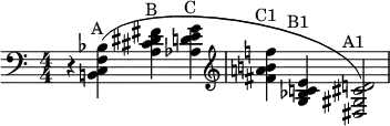
 \relative c {
  \clef bass
  \numericTimeSignature
  \override TextScript.self-alignment-X = #CENTER
  r4 <b! c f bes>^"A"( <a' cis dis fis>^"B" <aes d e g>^"C" \clef treble |
  <fis' a! b! f'!>^"C1" <g, bes c! e>^"B1" <dis gis cis d!>2^"A1") |
}
