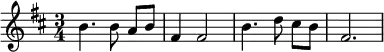 \relative
{
\key b \minor
\time 3/4
b'4. b8\noBeam a b
fis4 fis2
b4. d8\noBeam cis b
fis2.
}