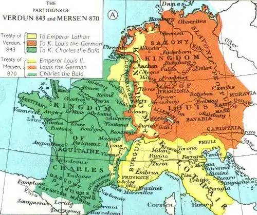 The division of the Carolingian Empire by the Treaty of Verdun in 843