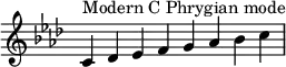  {
\key c \phrygian
\override Score.TimeSignature #'stencil = ##f
\relative c' {
  \clef treble \time 8/4
  c4^\markup { Modern C Phrygian mode } des es f g aes bes c
} }
