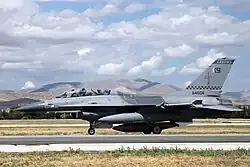 An F-16BM (serial no. 84606) from the No. 11 Squadron 'Arrows' of the Pakistan Air Force with an Indian flag on its nose as a kill mark signifying its shoot down of an Indian Air Force MiG-21 during Operation Swift Retort in 2019.