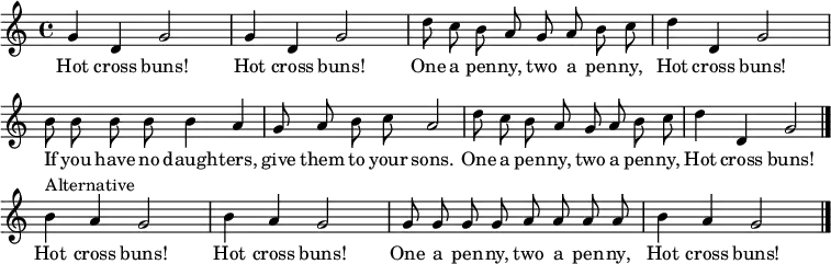 \layout { \context { \Score \remove "Bar_number_engraver" } }
\relative c'' { \tempo 4 = 120 \time 4/4 \key c \major \autoBeamOff \set Score.tempoHideNote = ##t \set Staff.midiInstrument = #"clarinet"
g4 d g2 | g4 d g2 | d'8 c b a g a b c | d4 d, g2 | b8 b b b b4 a | g8 a b c a2 | d8 c b a g a b c | d4 d, g2 \bar "|."
b4^"Alternative" a g2 | b4 a g2 | g8 g g g a a a a | b4 a g2 \bar "|." }
\addlyrics { Hot cross buns! Hot cross buns! One a pen -- ny, two a pen -- ny, Hot cross buns! If you have no daugh -- ters, give them to your sons. One a pen -- ny, two a pen -- ny, Hot cross buns!
Hot cross buns! Hot cross buns! One a pen -- ny, two a pen -- ny, Hot cross buns! }