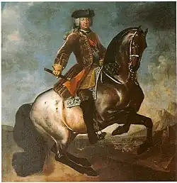 This dark bay roan, painted in the 18th century carrying the Duke of Württemberg, has dark extremities and corn spots.