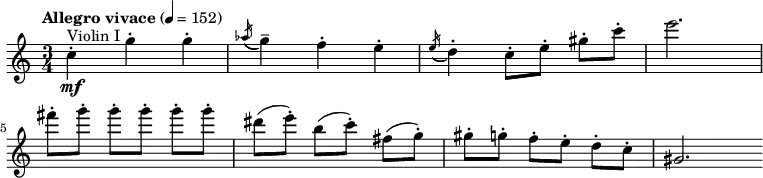 
\relative c'' {
    \clef "treble" \time 3/4 \key a \minor | % 1
    \set Staff.midiInstrument = "violin"
    \tempo "Allegro vivace" 4=152 \stemDown c4 ^. _\mf ^ "Violin I"
    \stemDown g'4 ^. \stemDown g4 ^. | % 2
    \acciaccatura { \stemUp as16 ( } \stemDown g4 ) ^- \stemDown f4 ^.
    \stemDown e4 ^. | % 3
    \acciaccatura { \stemUp e16 ( } \stemDown d4 ) ^. \stemDown c8 ^. [
    \stemDown e8 ^. ] \stemDown gis8 ^. [ \stemDown c8 ^. ] | % 4
    \stemDown e2. \break | % 5
    \stemDown fis8 ^. [ \stemDown g8 ^. ] \stemDown g8 ^. [ \stemDown g8
    ^. ] \stemDown g8 ^. [ \stemDown g8 ^. ] | % 6
    \stemDown dis8 ( [ \stemDown e8 ) ^. ] \stemDown b8 ( [ \stemDown c8
    ) ^. ] \stemDown fis,8 ( [ \stemDown g8 ) ^. ] | % 7
    \stemDown gis8 ^. [ \stemDown g8 ^. ] \stemDown f8 ^. [ \stemDown e8
    ^. ] \stemDown d8 ^. [ \stemDown c8 ^. ] | % 8
    \stemUp gis2. \bar ""
    }

