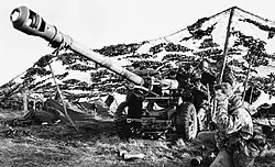 A 105&nbsp;mm light gun of 29 Commando Regiment sited between Fitzroy and Bluff Cove in the Falkland Islands, June 1982.