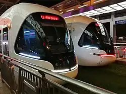 A close-up of the control trailers of Optics Valley trams