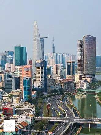 A corner of Nguyễn Thái Bình Ward seen from above with Võ Văn Kiệt Blvd, Thủ Thiêm Tunnel and Bến Nghé Canal included