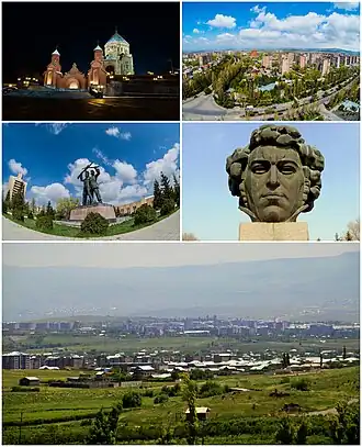From top left: Surp Hovhannes Church&nbsp;• Abovyan skyline Friendship Square&nbsp;• Khachatur Abovyan's bust General view of Abovyan