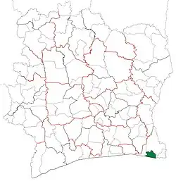 Location in Ivory Coast. Adiaké Department has had these boundaries since 2008.