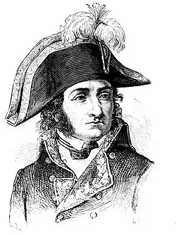 Black and white print shows a man with long sideburns. He wears a bicorne hat and a dark 1790s era military uniform.