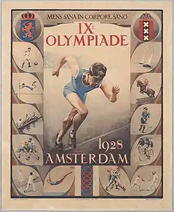 Upright rectangular image depicting a male athlete sprinting, surrounded by twelve smaller images each depicting a different Olympic sport, with large writing in the Dutch language at the top between the coats of arms for the Netherlands and Amsterdam