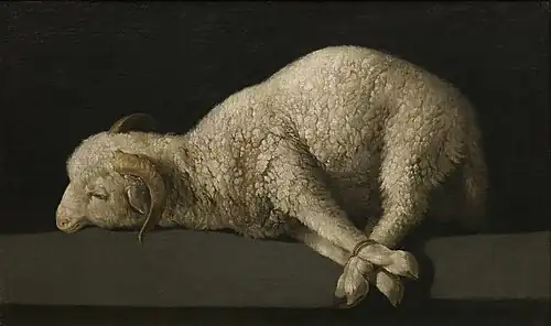 Bodegón with a religious theme — Lamb of God. Agnus Dei by Francisco de Zurbarán; 1635–40, 37 × 62&nbsp;cm, Prado Museum.