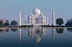 Reflecting pool mirroring the Taj Mahal at Agra, India