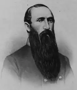 Old black and white sketch of an American Civil War general (from the torso up) in uniform with long dark beard