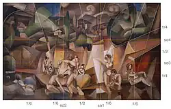Albert Gleizes, 1912, Les Baigneuses (The Bathers), oil on canvas, 105 x 171&nbsp;cm, Musée d'Art Moderne de la Ville de Paris, golden rectangle (painting, 1 to 1.618 ± 0.07), golden ratio grid (golden/yellow grid, so1 - so4), and 4 : 6 ratio grid overlay