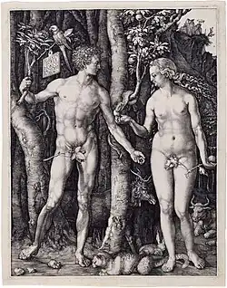 Adam and Eve (1504), copper engraving, 29.8&nbsp;×&nbsp;21.1&nbsp;cm (Morgan Library & Museum, New York)