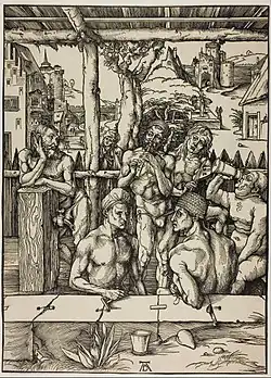 The Men's Bath, c. 1496, woodcut, 39.2&nbsp;×&nbsp;28.3&nbsp;cm, (Art Institute of Chicago)