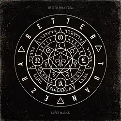 Concentric circles containing various symbols and the band's name in the outermost ring on a black background.