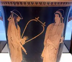 Alcaeus and Sappho holding their lyres and plectra. Attic red-figure calathus, ca. 470&nbsp;BC, Staatliche Antikensammlungen (Inv. 2416)