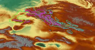 Boundaries of the Altai alpine meadow and tundra (magenta), Altai montane forest and forest steppe (turquoise), and Altai steppe and semi-desert (green)