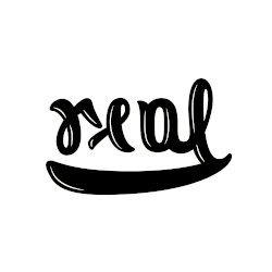 Two word ambigram "Real / Fake" showing alternatively one version of the pair.