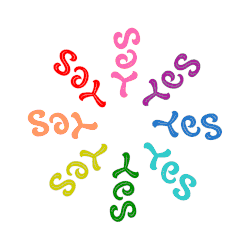 Rotating ambigram "Say Yes", half-turn type with 8 occurrences of the same pattern. The phrase itself is a phonetic palindrome.