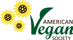 The words "AMERICAN Vegan SOCIETY" appear on the right of the logo, with "Vegan" in green. On the left side of the logo there are three yellow flowers with gears on the middle.
