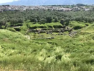 Theater of ancient Sparta, with modern Sparta and Mt. Taygetus in the background