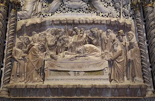 Relief of the Burial of the Virgin on the back of the tabernacle